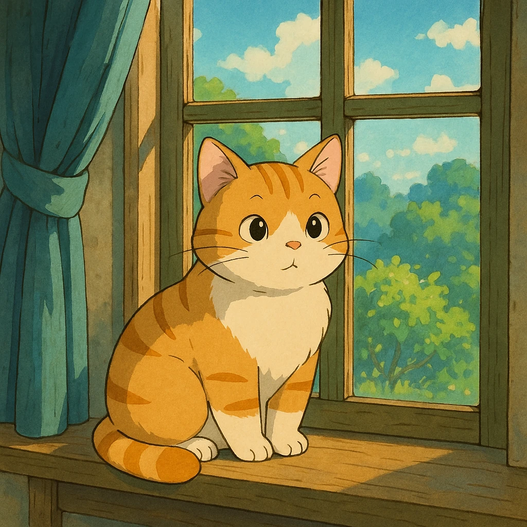 cute cat sitting on a windowsill, ghibli style emoji