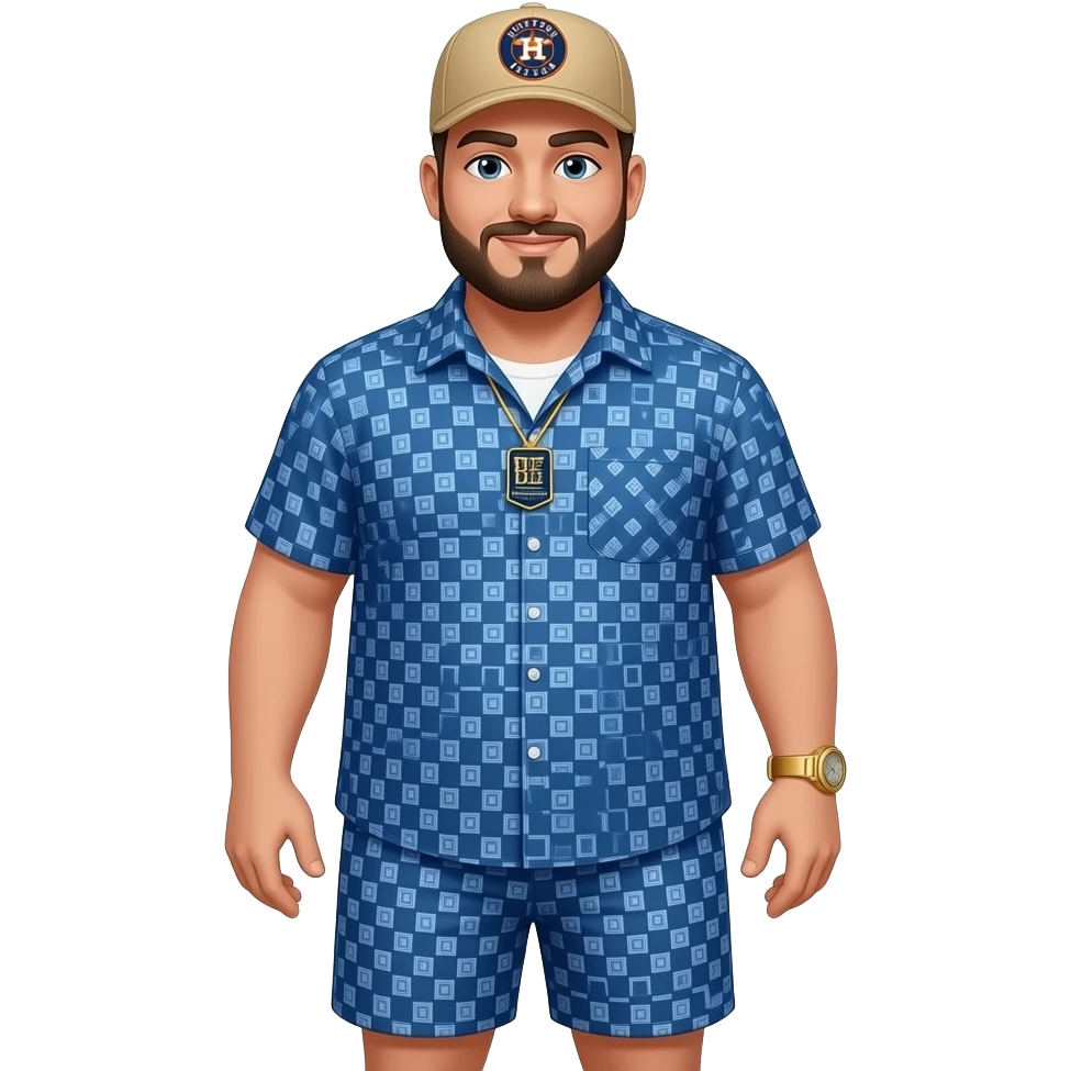 Chubby man with light honey skin tone with lightly shaved black beard wearing a blue button up short sleeve shirt with matching shorts with square pattern design wearing a beige Huston Astros logo baseball cap wearing a gold watch wearing a gold tennis necklace reading the Bible emoji