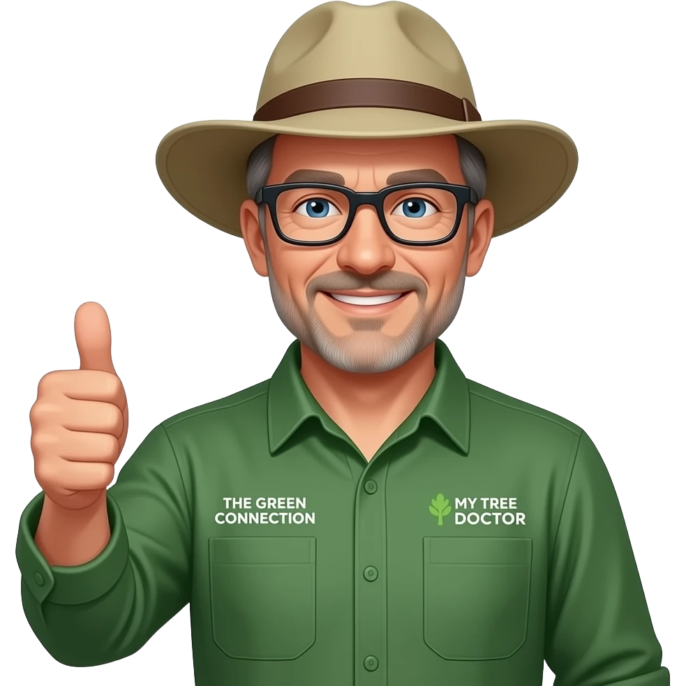 middle-aged man, flecks of grey hair, no beard. Blue eyes, dark-rimmed, narrower rectangle glasses, in a green-collared, long-sleeve shirt & a wide-brim hat. Giving a thumbs up. Place the words 'THE GREEN CONNECTION' in white on the left pocket. On right pocket, write 'MY TREE DOCTOR' emoji