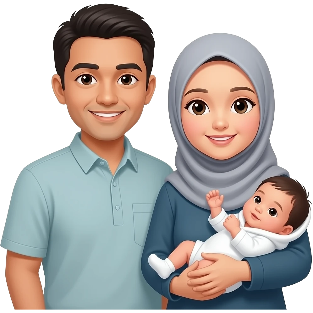 Muslim asian family, father with short hair, mother wearing hijab, and a new born baby girl. Make look a like iOS iPhone emoji emoji