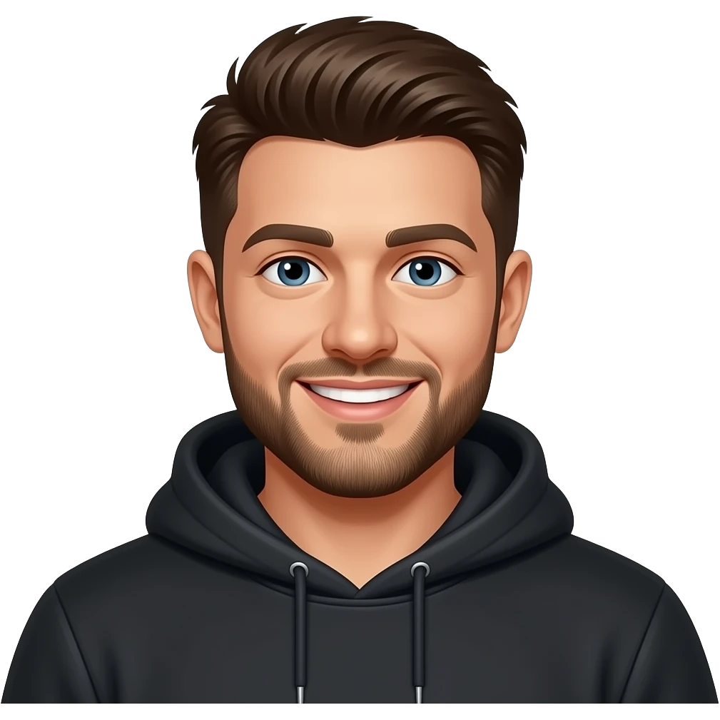 Draw MrBeast in casual black hoodie with short hair, french cut beard & friendly smile. emoji