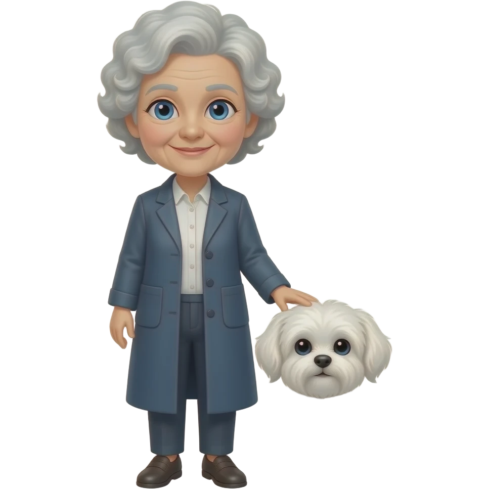 Elderly woman blue eyes very curly hair with maltese dog emoji