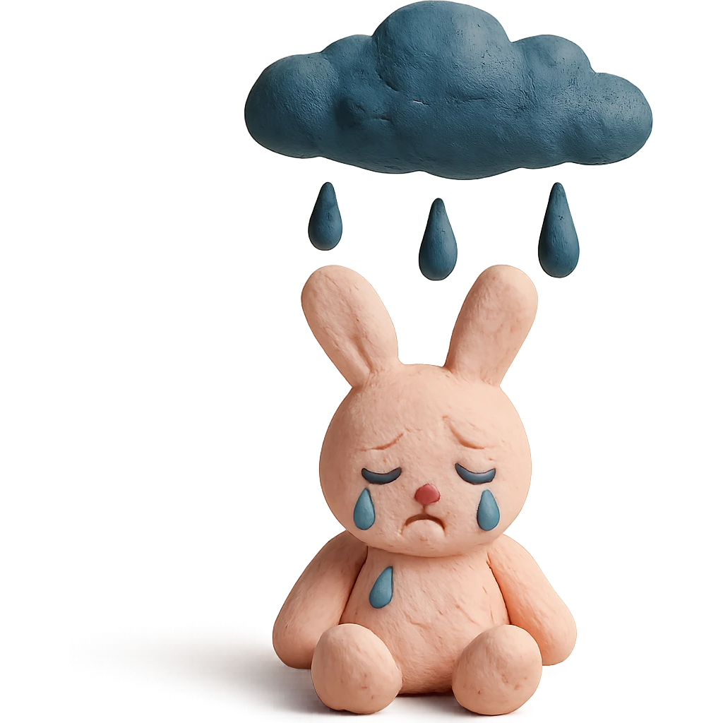 marshmallow bunny sitting with tears under a raincloud, claymation style emoji