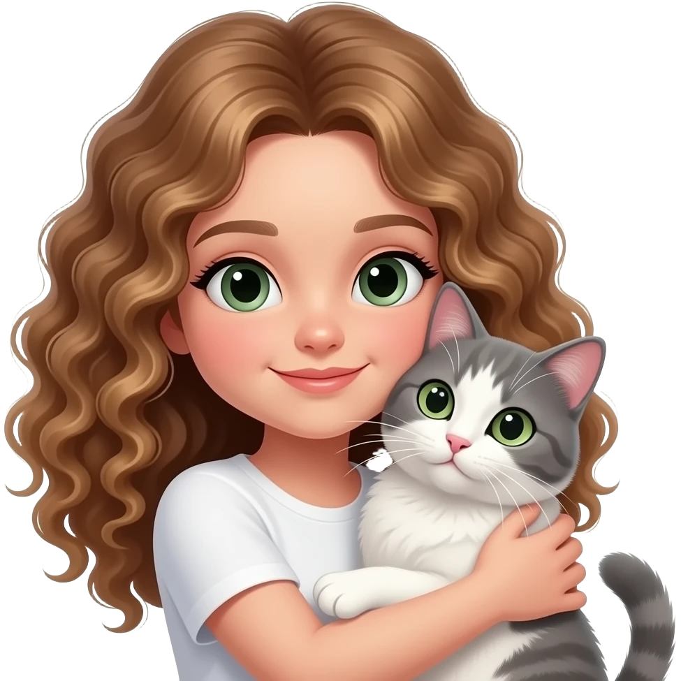 A girl with curly brown and blonde hair with white skin hugging a european cat whit green/grey eyes emoji