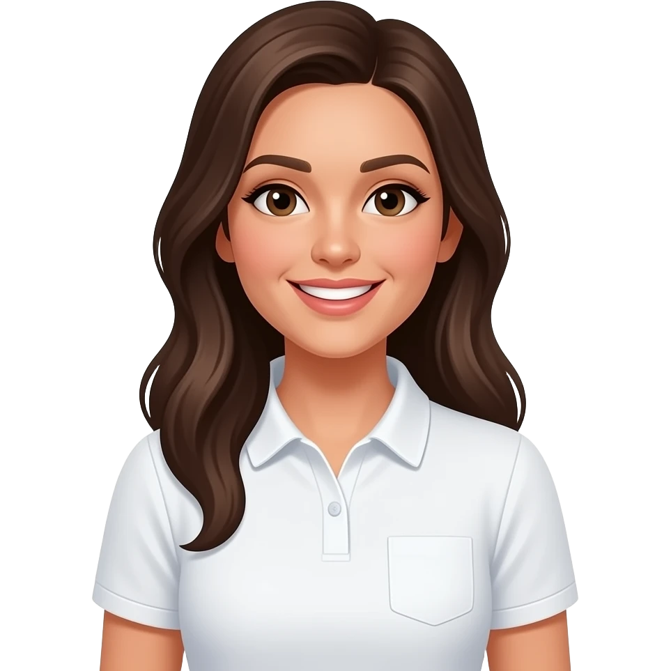 female community Manager, white halfsleeve polo shirt, smiling with event crafts emoji