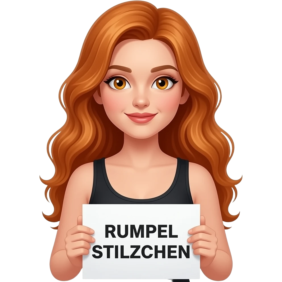 sexy girl with long wavy ginger hair and ginger eyes wearing a black tanktop is holding a white colored sign with RUMPEL STILZCHEN written on it emoji