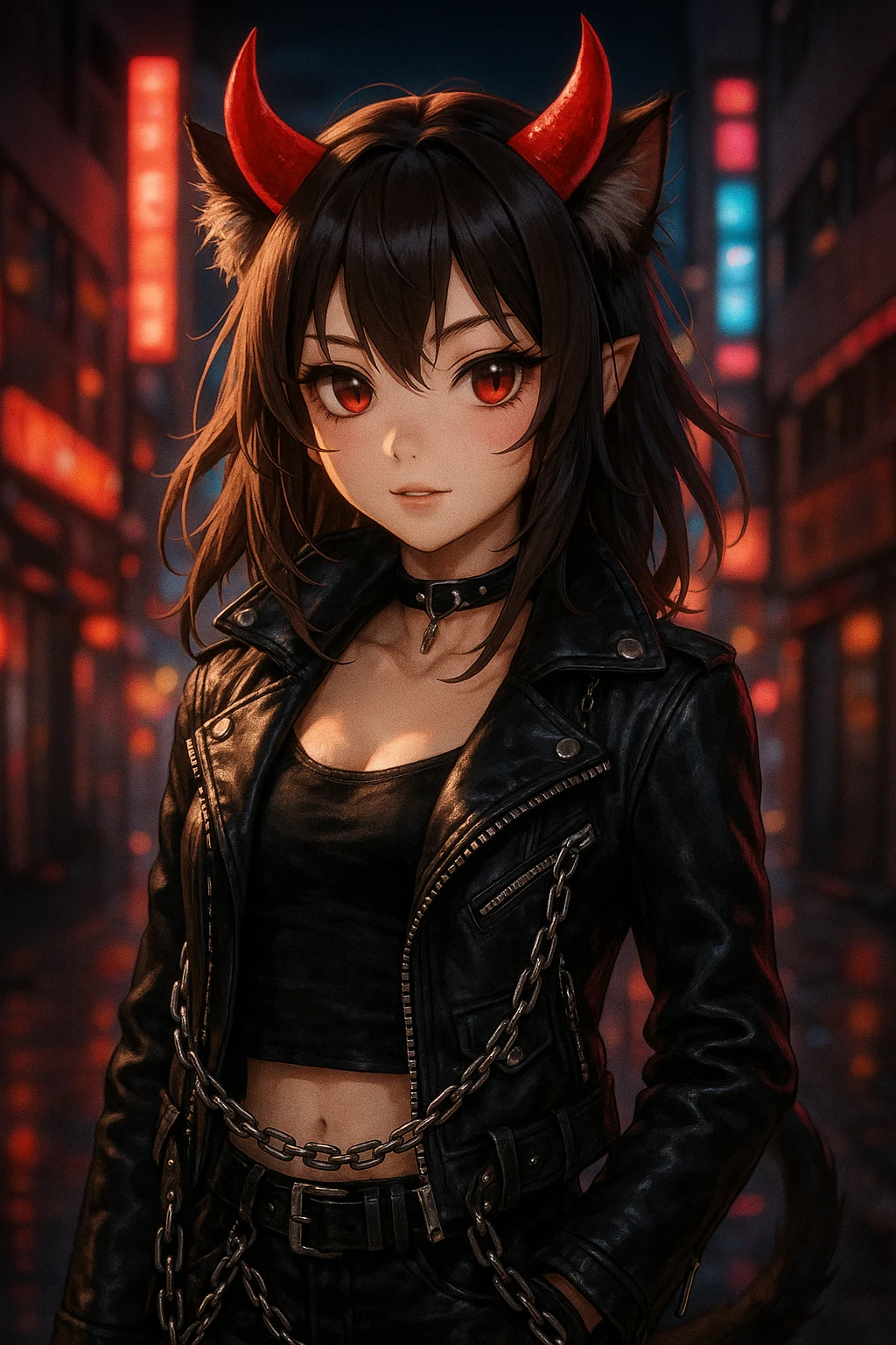 realistic anime catgirl devil in punk rock attire, leather jacket, chains, red horns, urban night background emoji