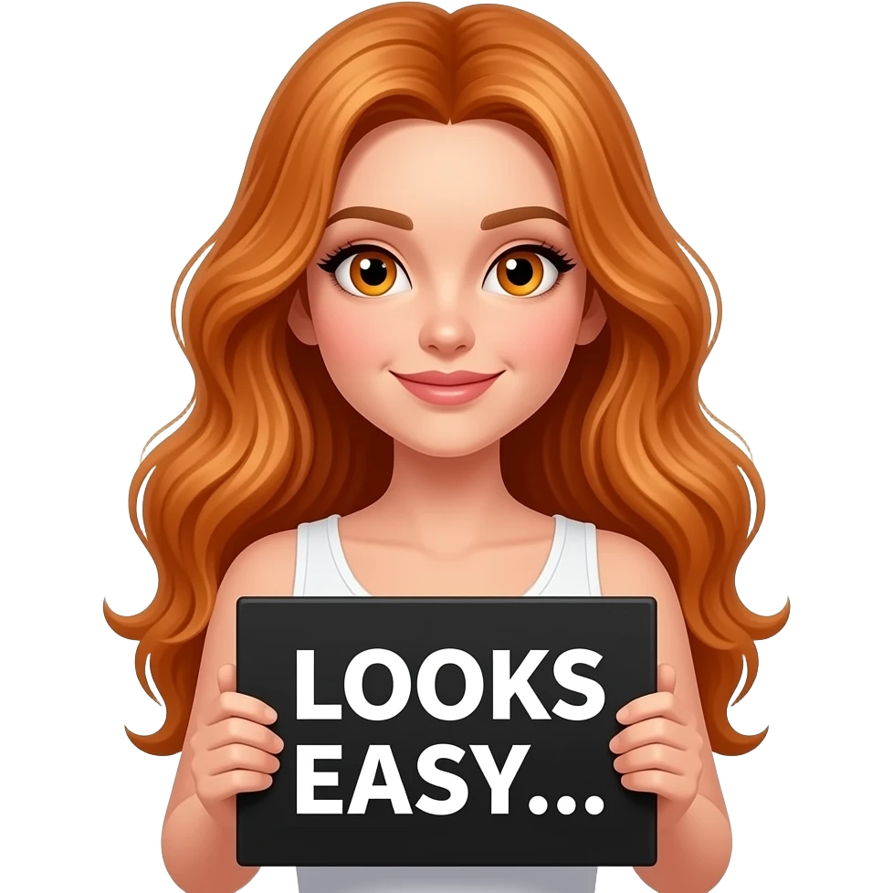 sexy girl with long wavy ginger hair and ginger eyes wearing a white tanktop is holding a black colored sign with LOOKS EASY... written on it emoji