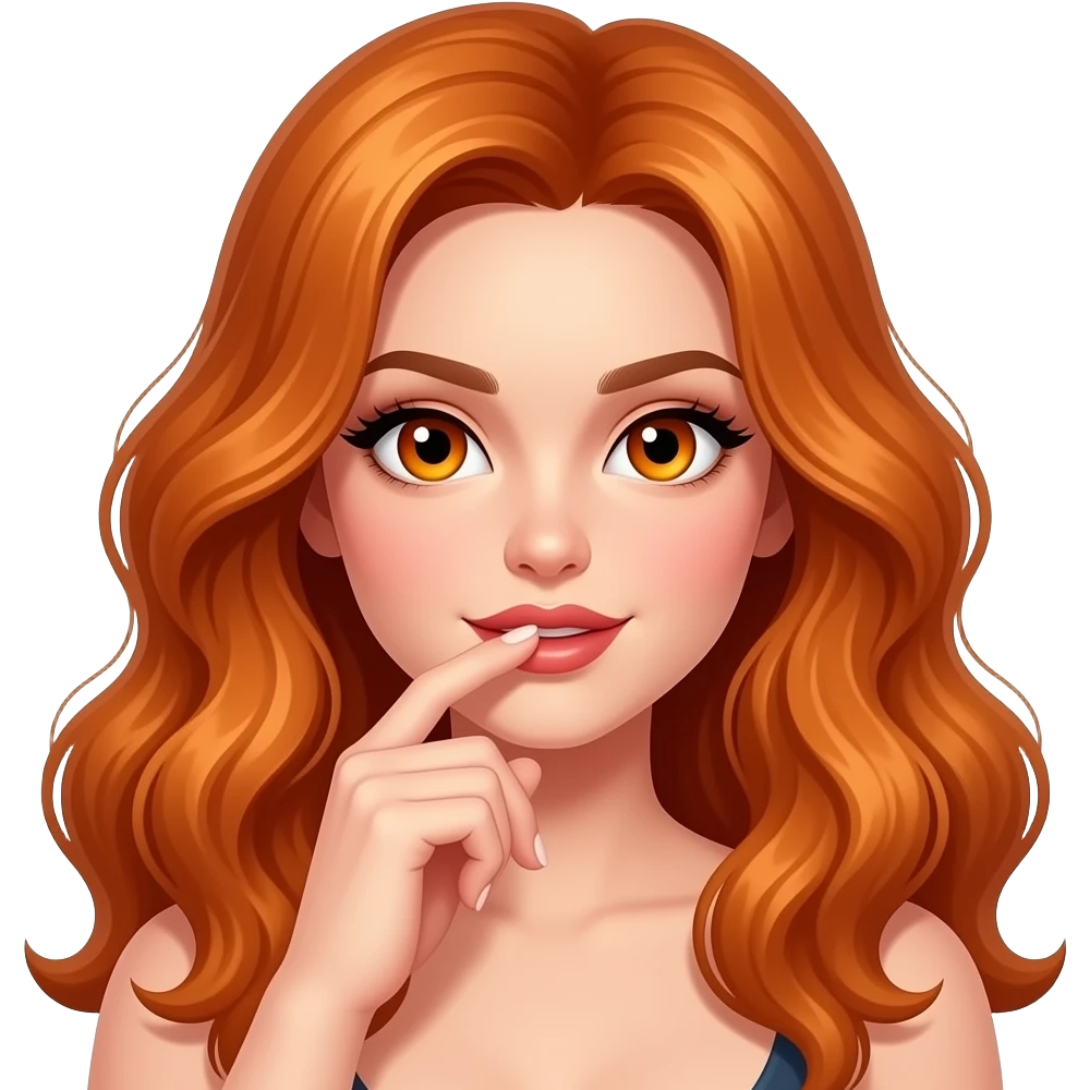 sexy girl with long curvy ginger hair and ginger eyes is putting her hand on her mouth emoji