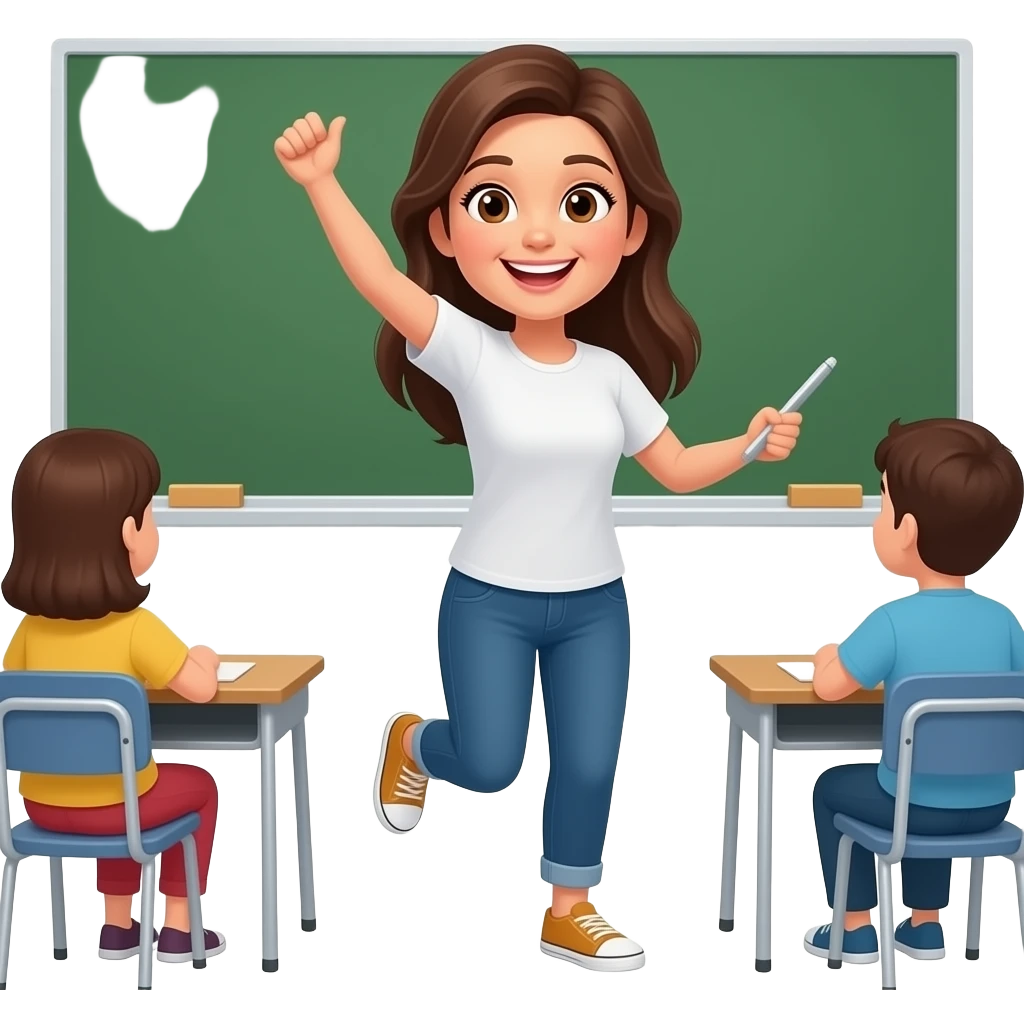 celebrating and jumping ,long straight brown  hair female, thin body 50 years old brown eyes wearing a tshirt  teaching students emoji