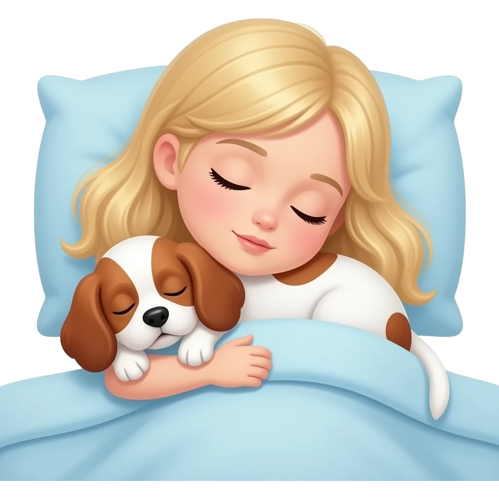 White Girl with blond hair sleeping with a White/red cockerspaniel puppy emoji