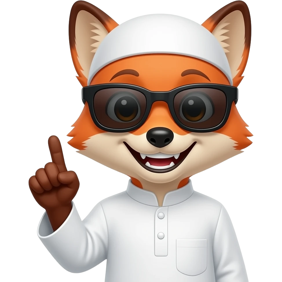 Fox with black sunglases and smiley face with teeth , Muslim White clothes and pouting his finger up emoji