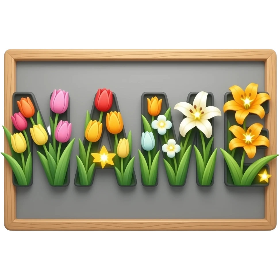 A text 'NAME' formed from clay board. Vibrant tulips and lilies bloom from the letter, each flower center glowing like a tiny star. Dreamy atmosphere, hyper-realistic, soft pastel colors emoji