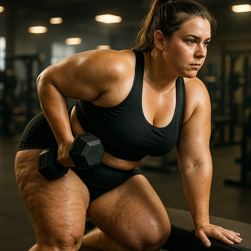 hyper realistic 4K image of a sporty woman exercising in a gym, visible stubborn fat on legs and thighs, detailed skin and muscles, film lighting, motivational atmosphere emoji