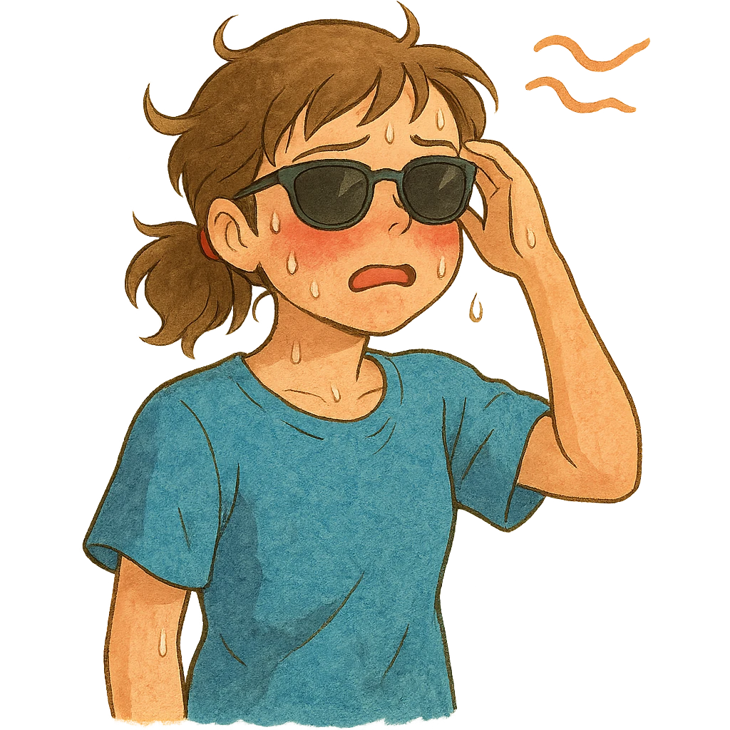 ghibli style character with sunglasses, flushed cheeks, feeling hot emoji