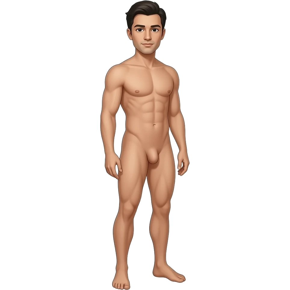 A full body image of a naked dark haired man standing side one with and erect penis emoji