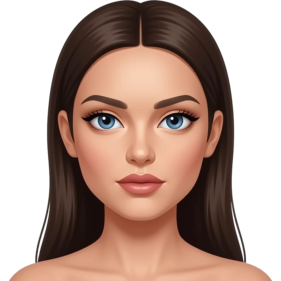 Woman with an oval face, light tan glowing skin, large almond-shaped blue eyes with long lashes, dark full arched eyebrows, straight slim nose, full lips with defined cupid’s bow, long dark brown smooth hair, soft glam makeup, symmetrical model-like face, elegant and slightly intense expression. emoji