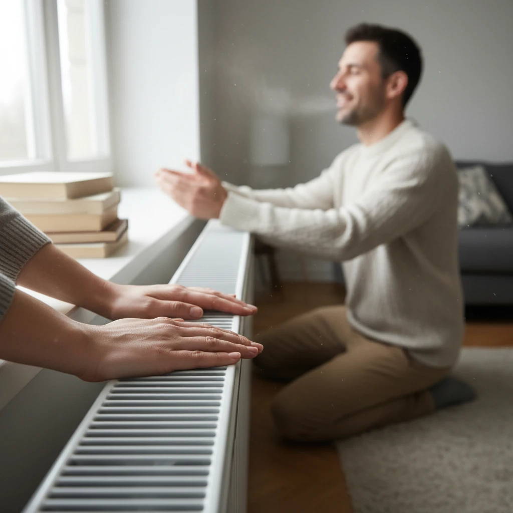 female hands on a heating radiator. man warms his hands by the heater emoji