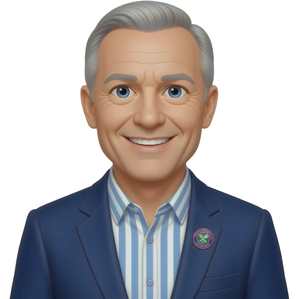 DJR - man, friendly smile, mid 70's, blue eyes, wimbledon pin badge, blue and white vertical striped button up shirt, thin grey hair, balding head, dark blue blazer emoji