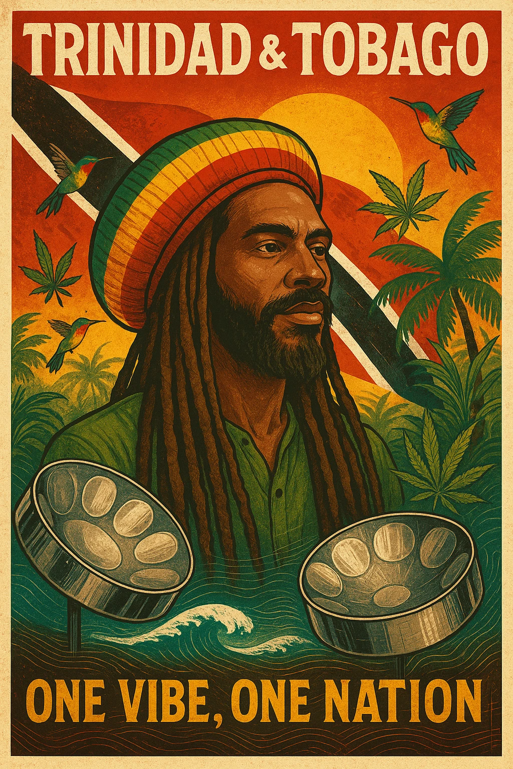 Create a vibrant digital illustration in vintage poster style featuring a proud Trinidadian Rasta man with long dreadlocks and a bold red, gold, and green tam. The background should incorporate the Trinidad and Tobago flag in a stylized, textured way — using deep red, black, and white tones that blend with tropical elements. Surround the figure with iconic cultural symbols like steelpan drums, ganja leaves, and hummingbirds in flight. Add warm Caribbean sunlight, ocean waves, and lush greenery to enhance the island energy. The Rasta man should radiate peace, power, and island wisdom — with bold facial features, calm expression, and a sense of spiritual presence. The overall tone should be rootsy, regal, and rich with island soul — merging reggae culture with Trinidadian pride. Optional accents: subtle soca rhythm lines in the background or a quote like “One Vibe, One Nation.” emoji