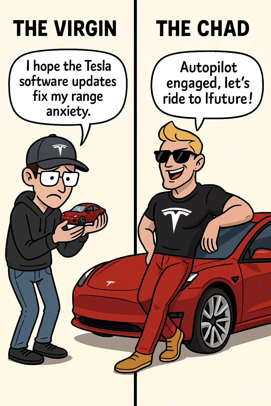 make virgin vs chad meme on tesla fan emoji