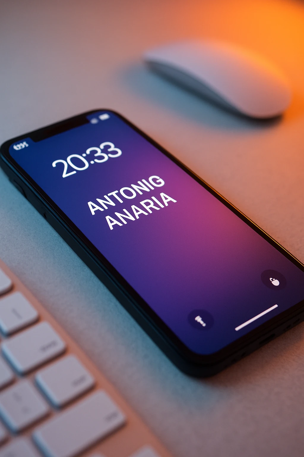A photo of an iPhone on the desk with the message "Antonio Anania" on its screen, The phone sits atop a desk with a blurred background that suggests work environment. A faint glow from above casts gentle shadows across the surface of each object, creating depth and highlighting their textures emoji