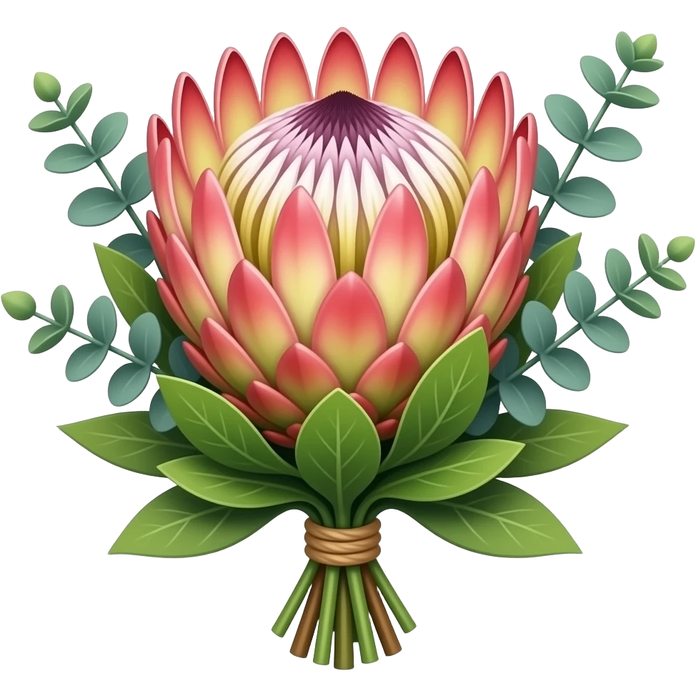 Small protea bouquet with one protea and some filler such as safari sunset and euc emoji