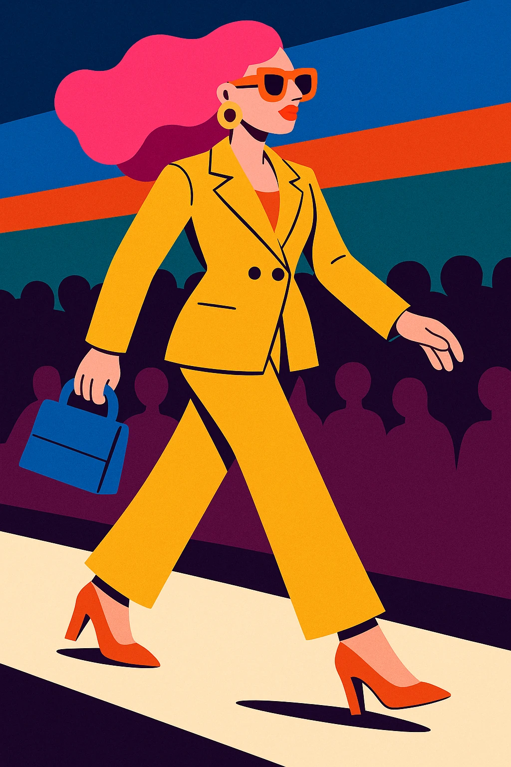 fashionable woman in motion, walking on a catwalk, horizontal scene, stylish outfit, animated style emoji