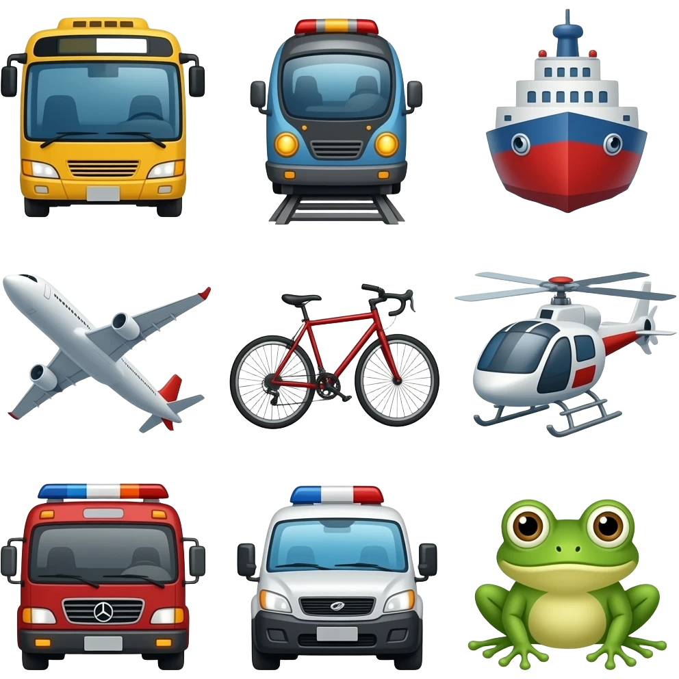 11 vehicles: car, bus, train, ship, airplane, bicycle, helicopter, truck, fire engine, ambulance, and frog (not a vehicle) emoji