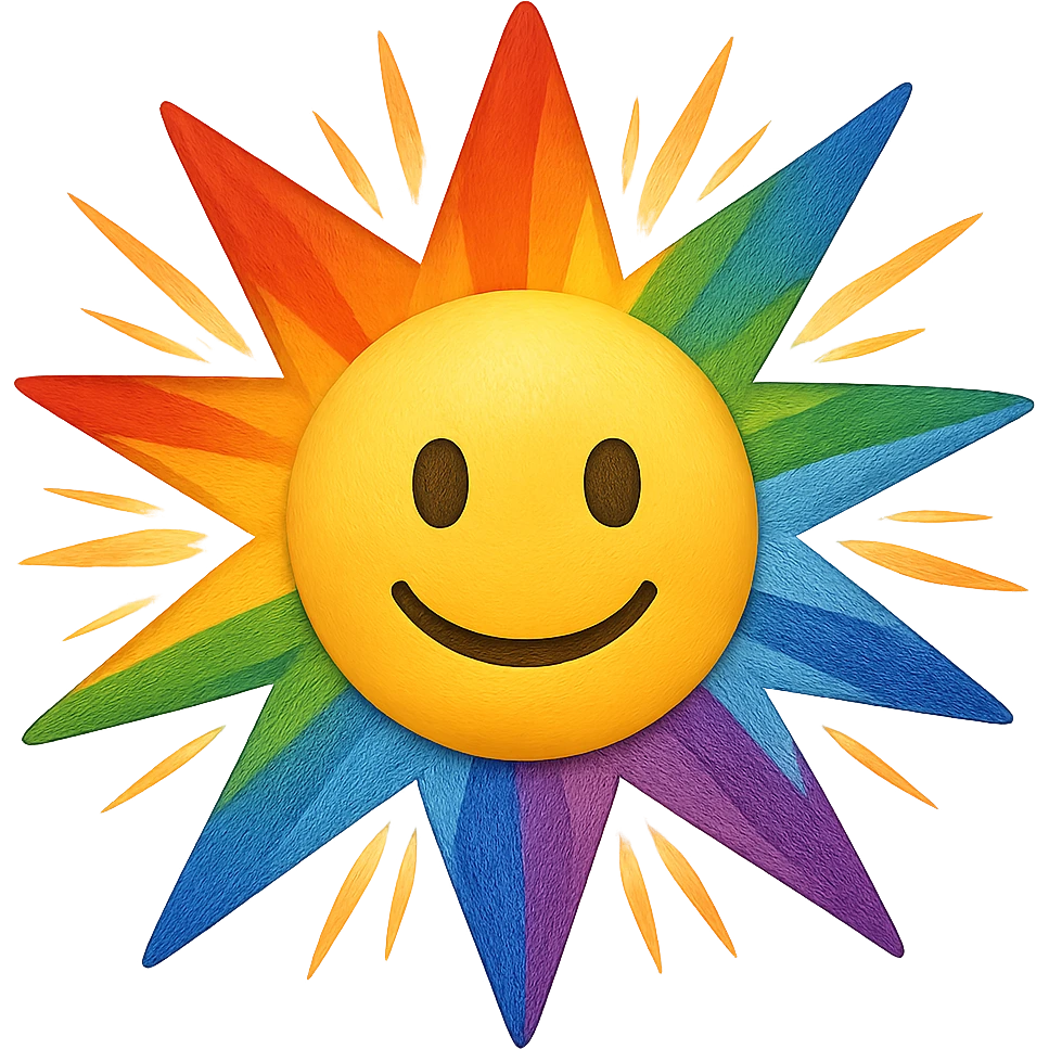 gay pride emoji, rainbow starburst, energetic and bright, no background emoji