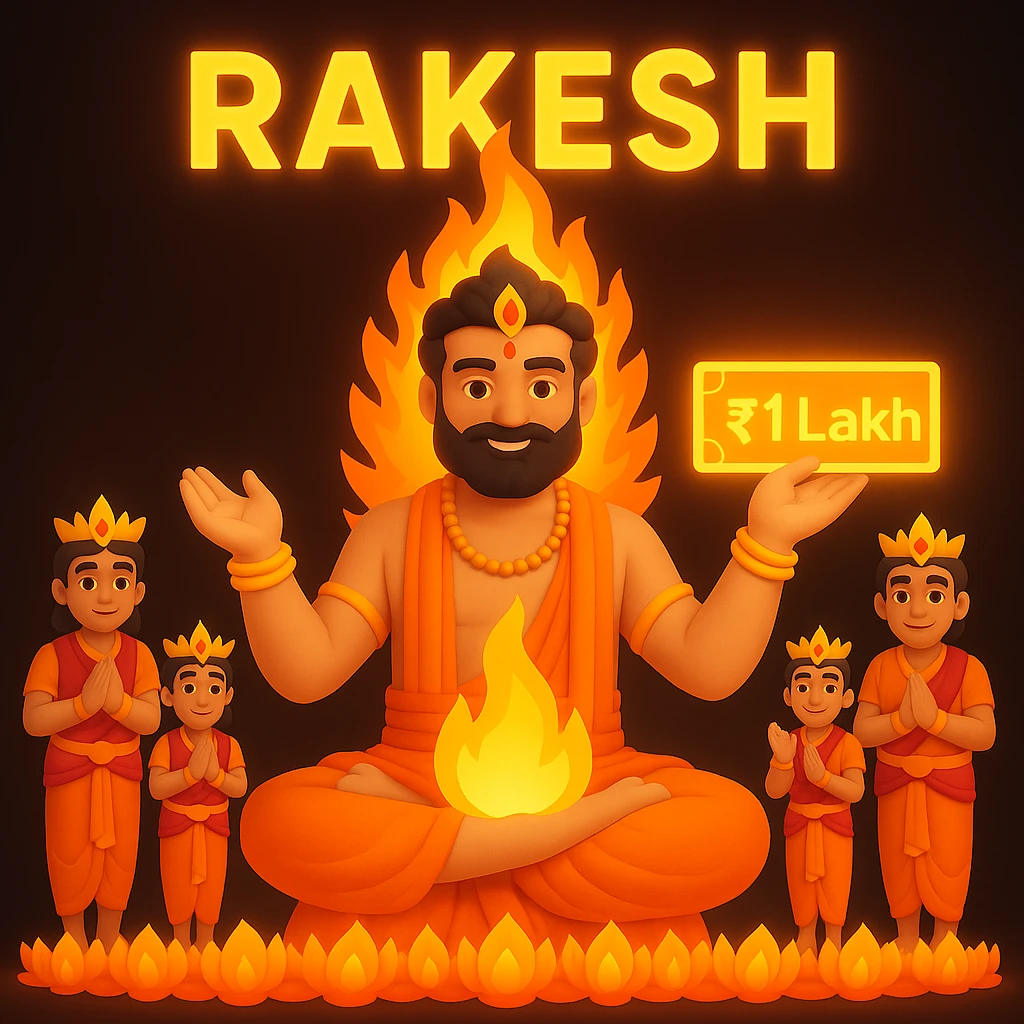 Add the name 'Rakesh' above the deity and a glowing 1 lakh check in his hand, keeping the fire, five respectful team members, and divine theme. Ensure name and check are easy to read and glowing. emoji