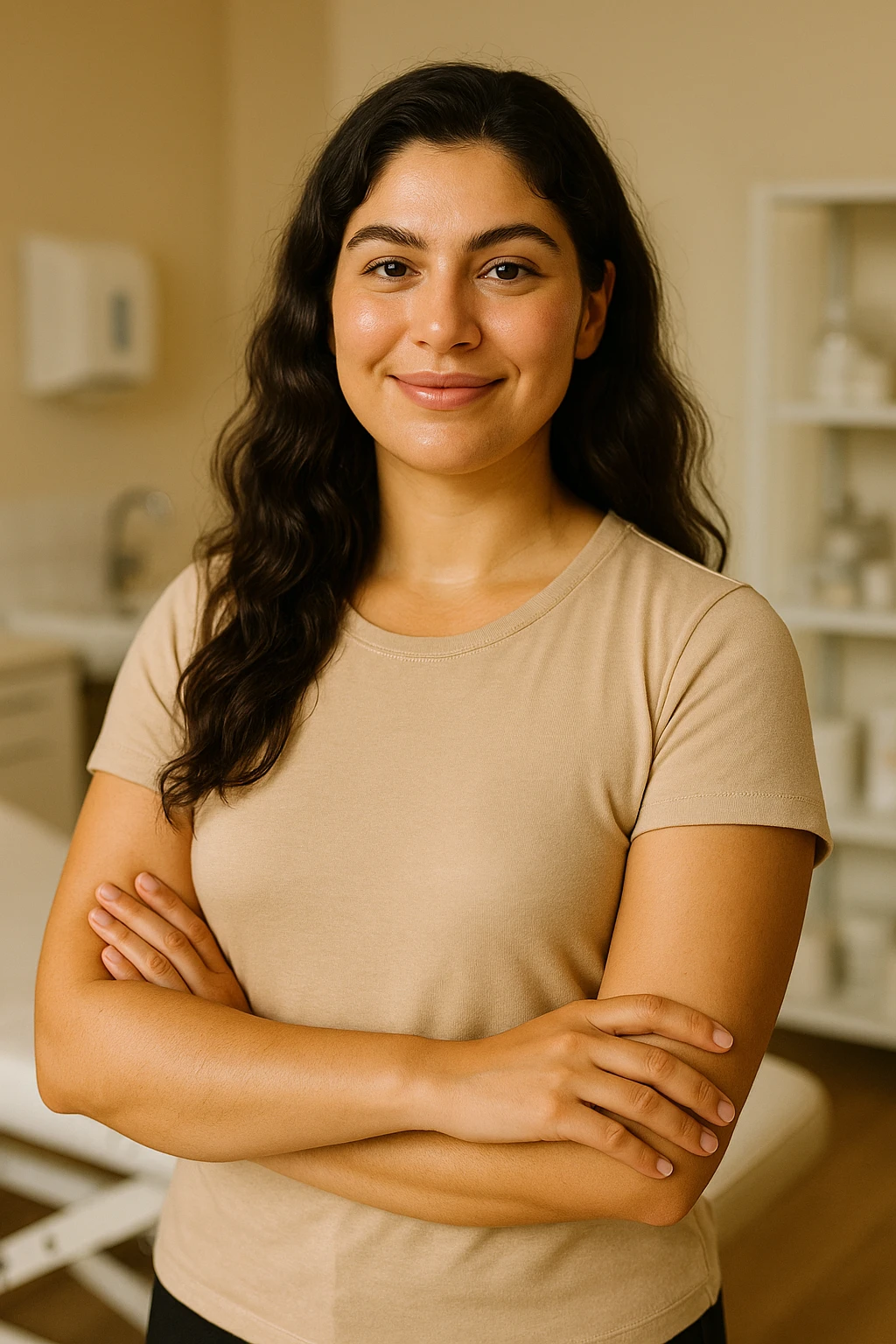 woman with PCOS visibly healthy due to balanced diet, glowing skin, healthy hair, confident posture, clinical environment, realistic details, warm lighting, vertical 2:3 aspect ratio, no text emoji