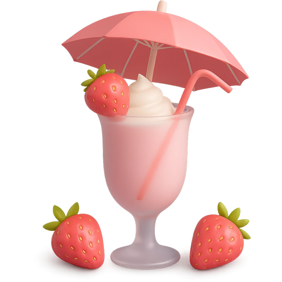 Make the 3D strawberry milkshake pastel colored with soft pinks and light tones. Keep the glass with umbrella, tropical vibe, and cherry on top. Remove the background. emoji