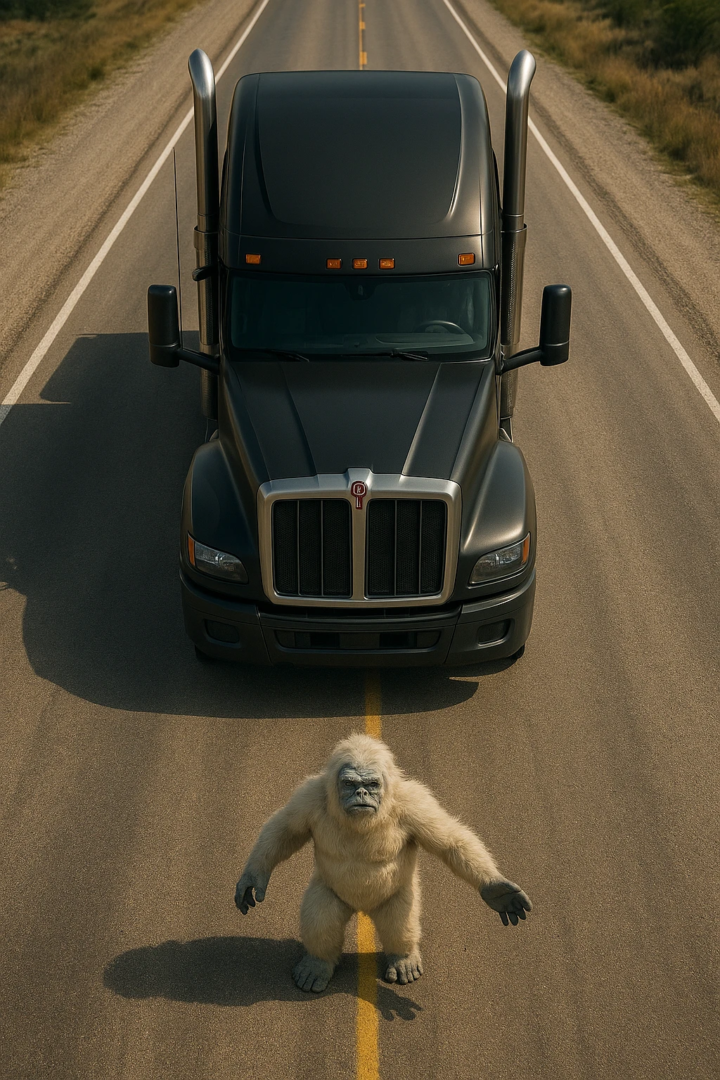Make the scene more realistic: a tiny abominable snowman on a long road in front of a black 2026 Kenworth W680 flat top semi sleeper, top-down view, realistic style, no text. emoji