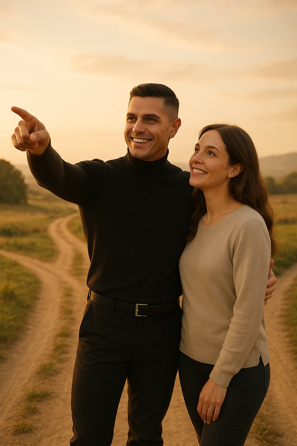 a couple stands at a crossroads, the man pointing confidently toward a direction while the woman looks at him with trust and optimism. Both are illuminated by soft, uplifting light, representing faith in each other’s strengths and the positive outcomes of working together. emoji