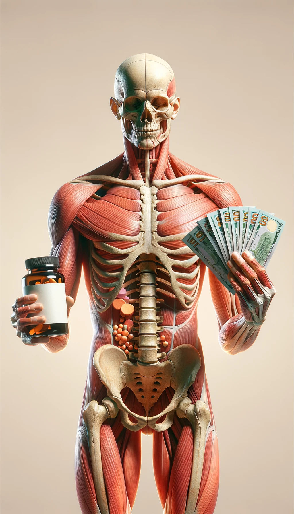 corpo umano anatomico che tiene nella mano destra una boccetta di integratore e nella mano sinistra delle banconote, sfondo neutro chiaro emoji