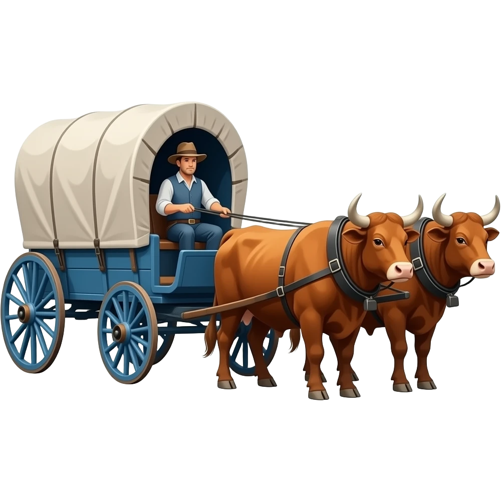 man driving canvas covered pioneer wagon pulled by oxen in blue and orange theme. emoji