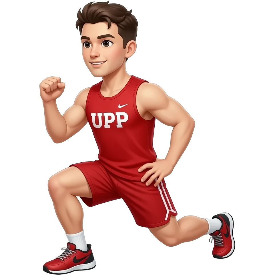 guy-wearing- red-tank-top-and-red-shorts-doing-lunge-with-"UPP" written on both shirt and shorts/thigh- emoji