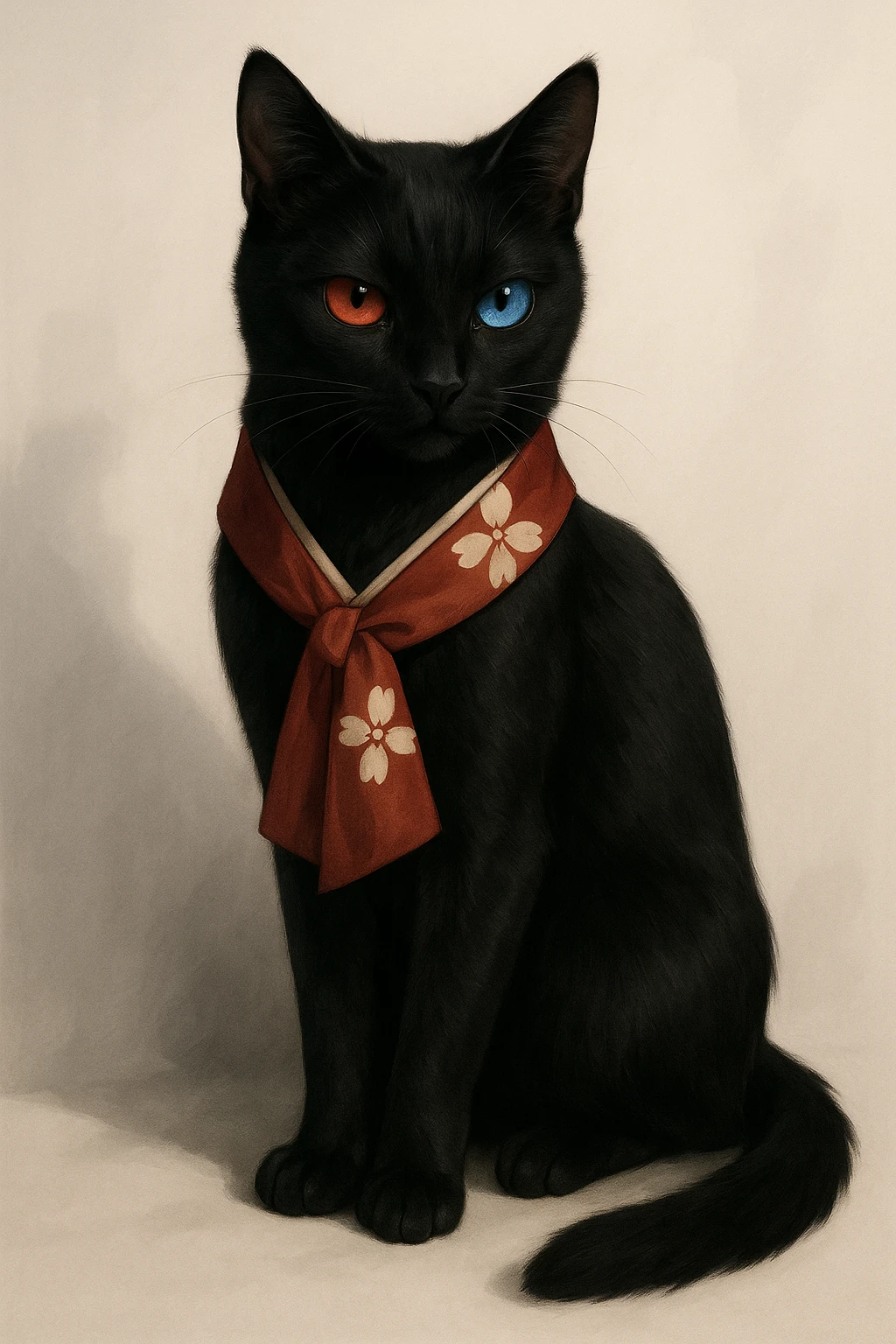 Ryougi Shiki reimagined as a sleek black cat with heterochromatic eyes, wearing a small kimono scarf emoji