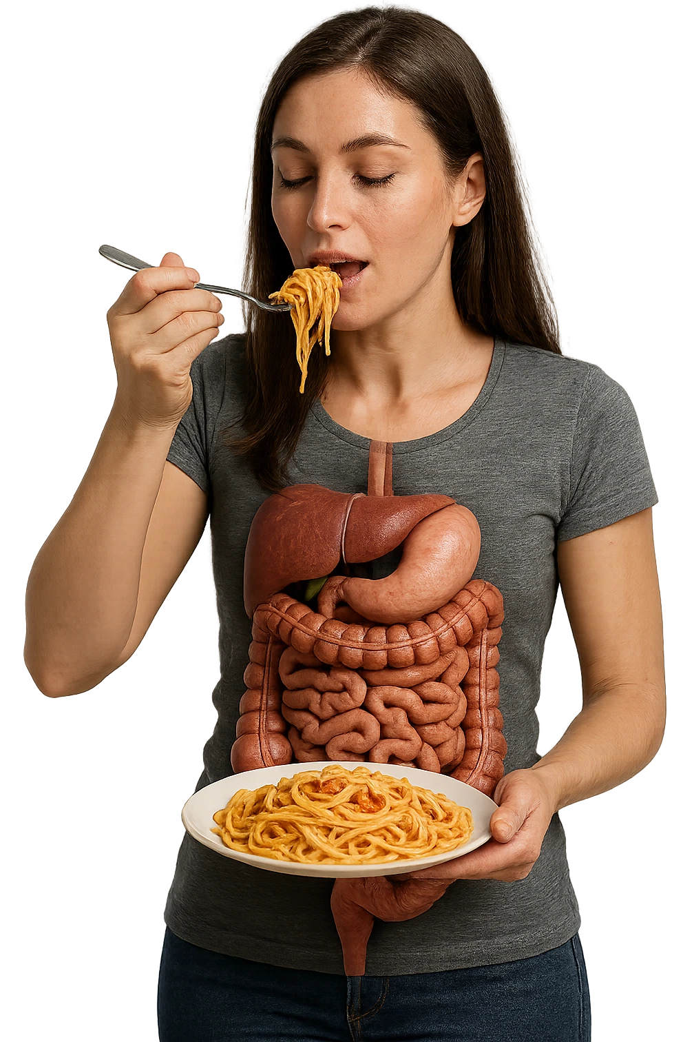 donna con intestino umano anatomico in evidenza che mangia un piatto di pasta, iperrealistico 4k emoji