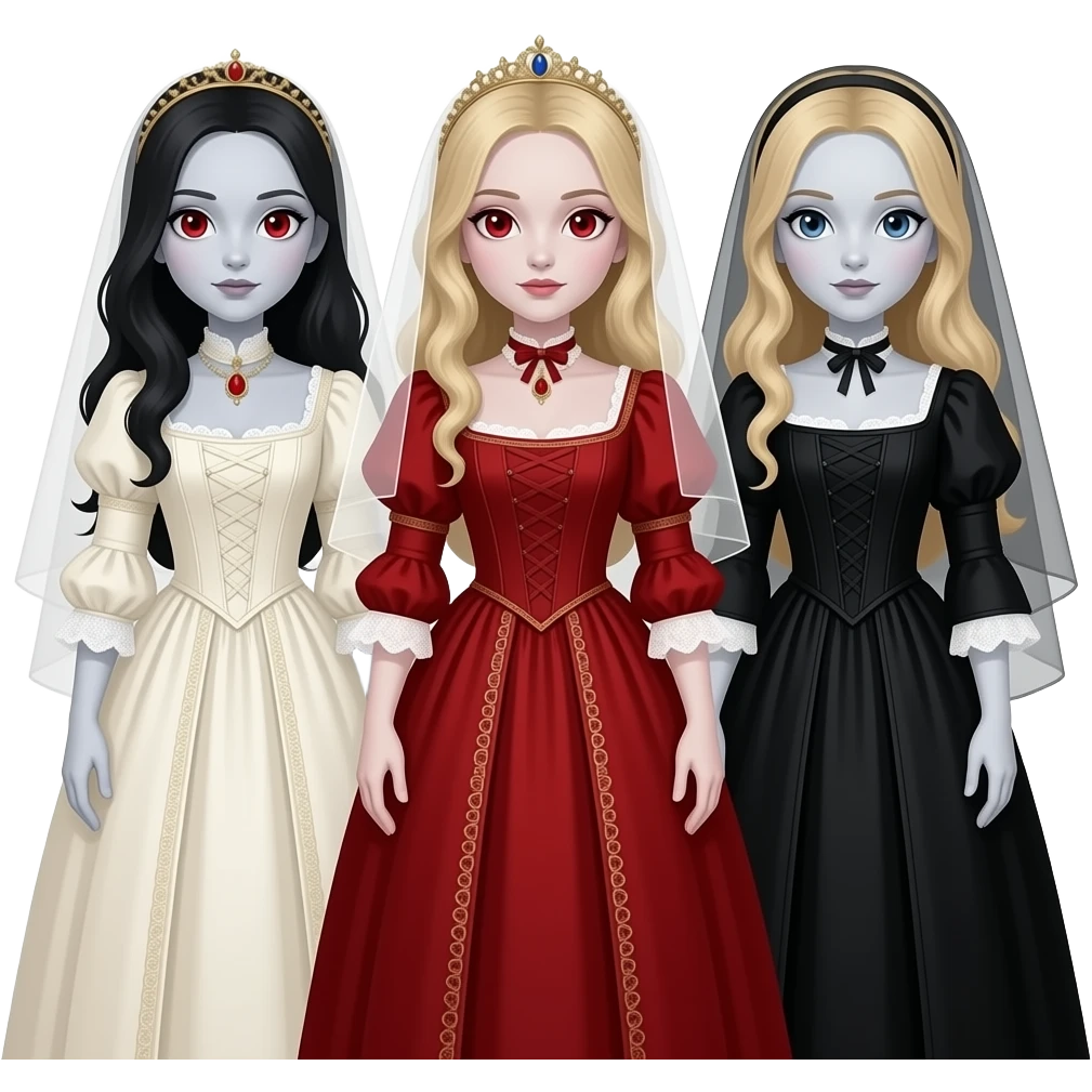 Brides of Dracula with 2 long dark-haired girls with pale-grey skin, red eyes, one ivory queen anne dress, one red queen anne dress, long blond-haired girl with pale-grey skin, blue eyes black queen anne dress emoji