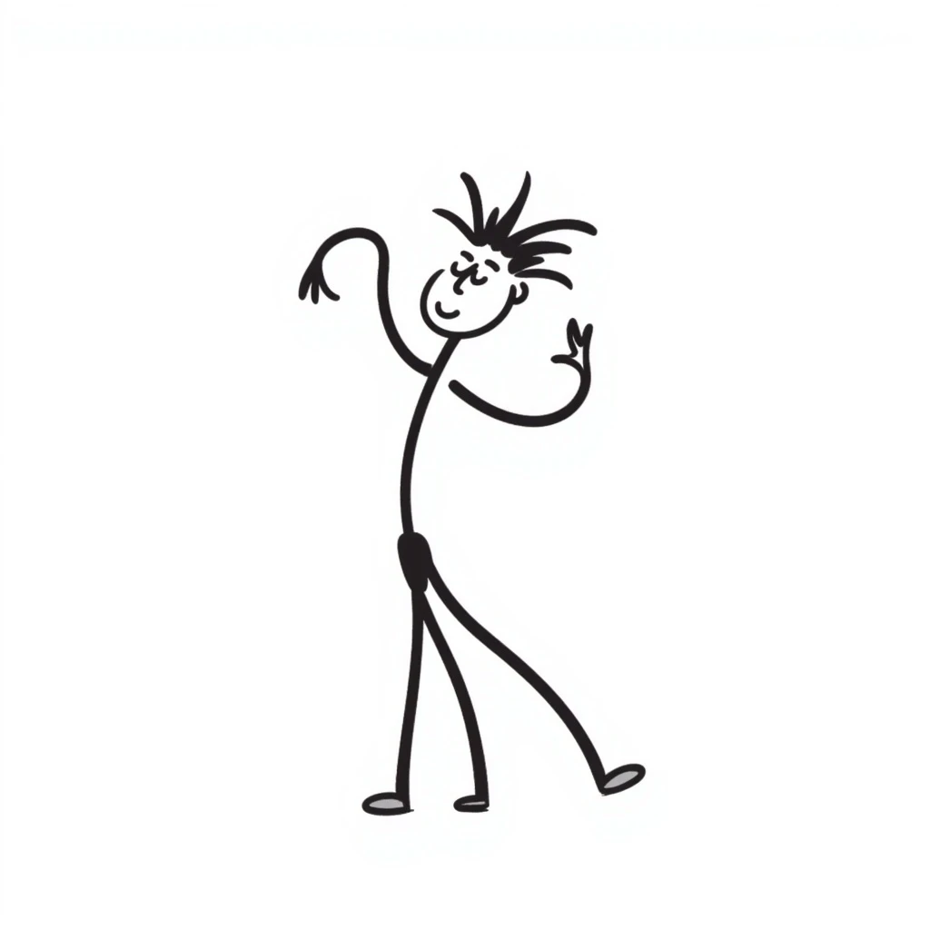 stick figure doing the Griddy dance, exaggerated movement, playful, minimal background, black doodle style emoji