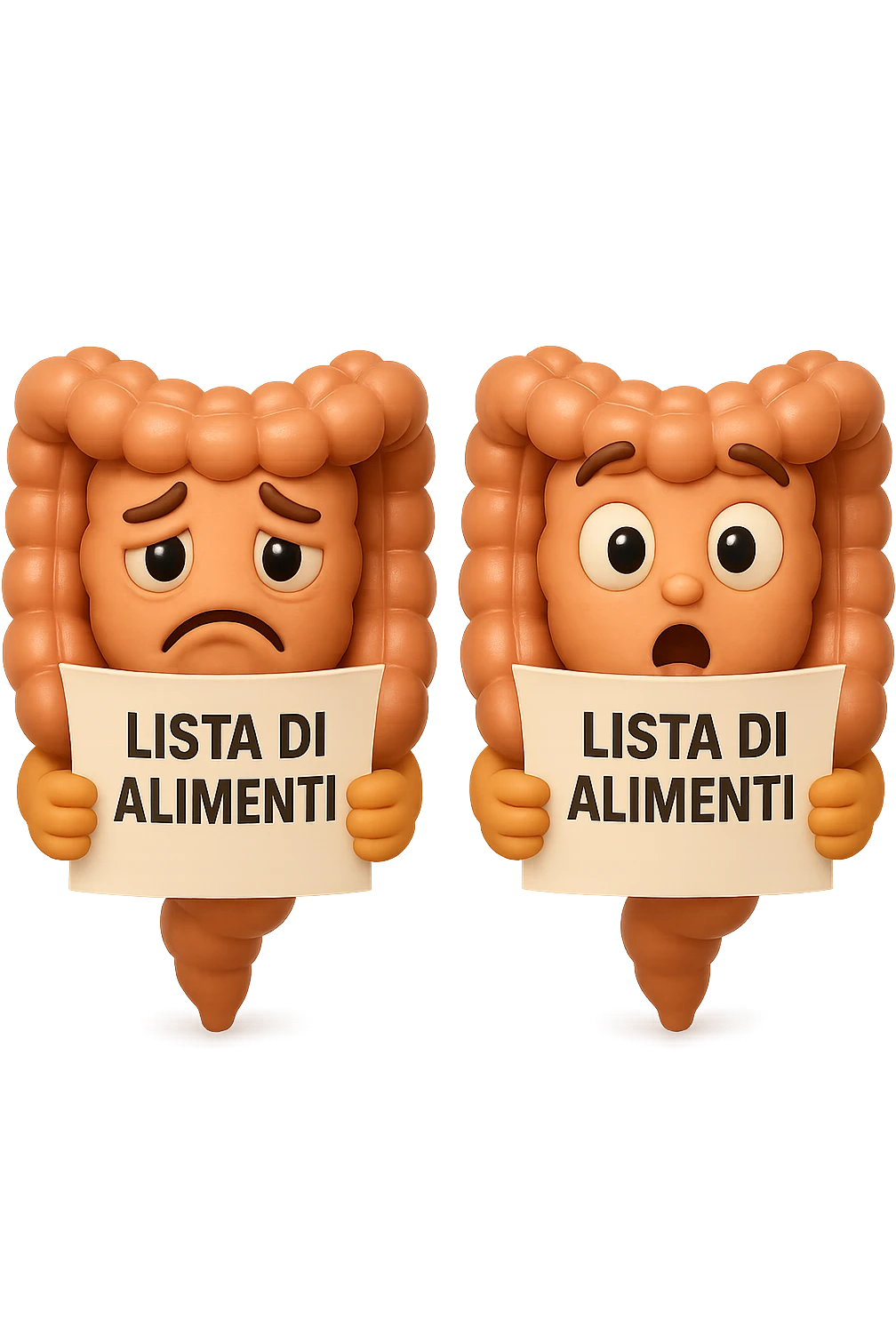 EMOJI STILE IPHONE DI UN INTESTINO CHE LEGGE UN FOGLIO CON LA SCRITTA "lista di alimenti" ed espressione triste in volto, ESPRESSIONE STUPITA IN VOLTO, IPERREALISTICO 4K emoji