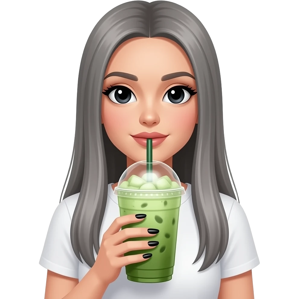 lady with black eyes and extremely long straight grey hair, no bangs, long black nails, holding a HUGE iced matcha, and wearing a white top emoji