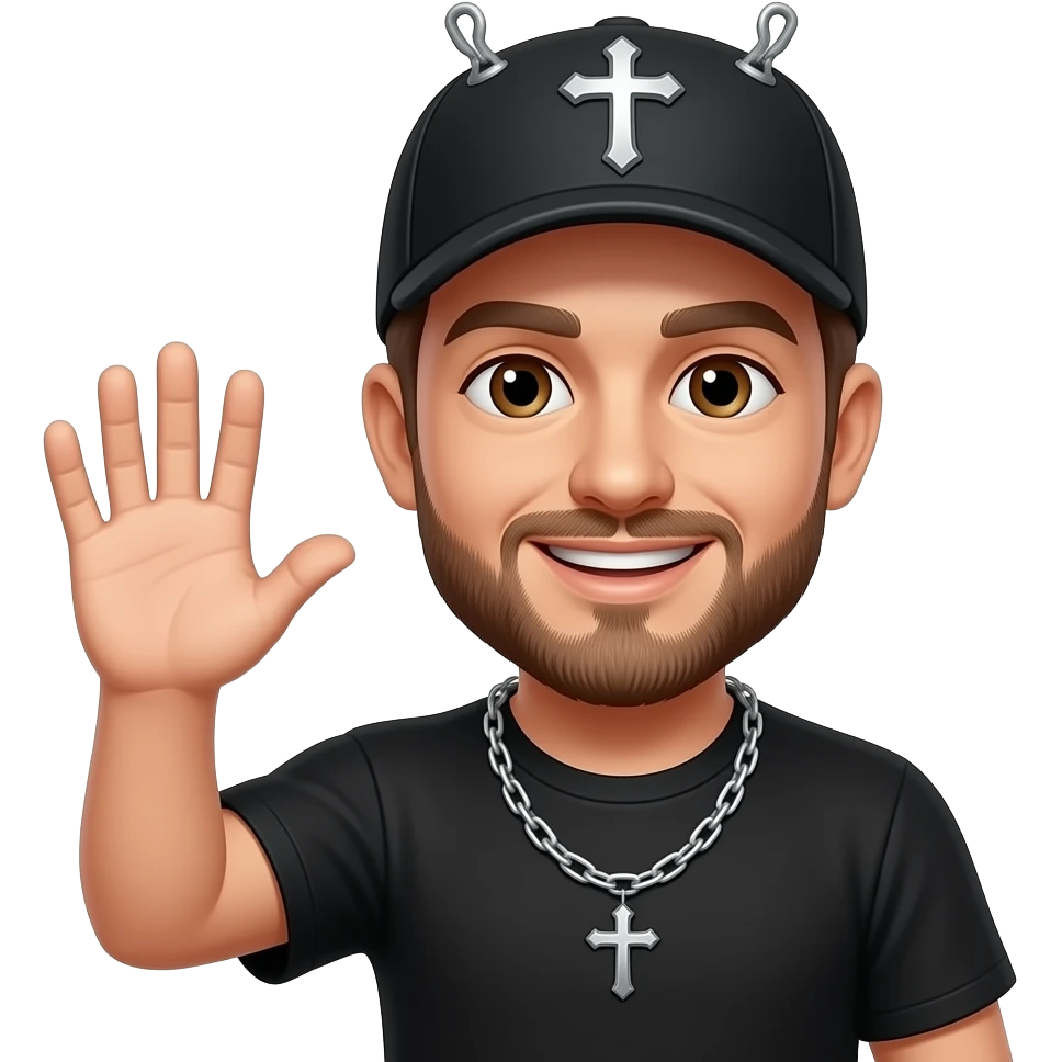 Brown eyes, rock cap with metallic clips on the cap peak , rock cross on the cap , black teeshirt, saying hi, no ratio, no chain, short hair , browning beard, no withstand emoji