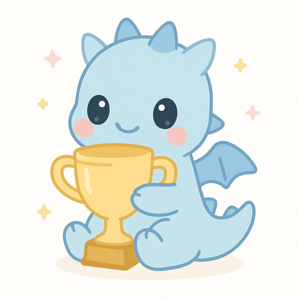 blue dragon clutching a gold trophy, cute style emoji