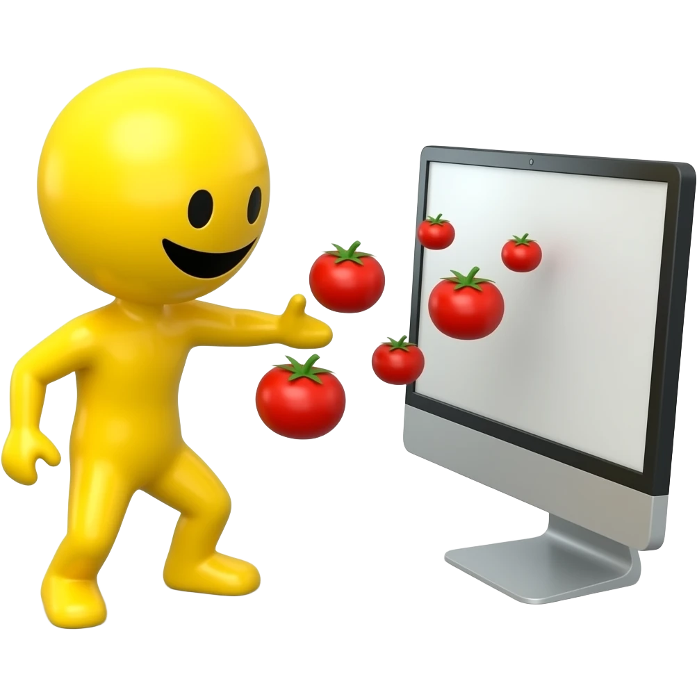 Yellow smiley throwing tomatoes towards screen in a mean way like bashing someone emoji