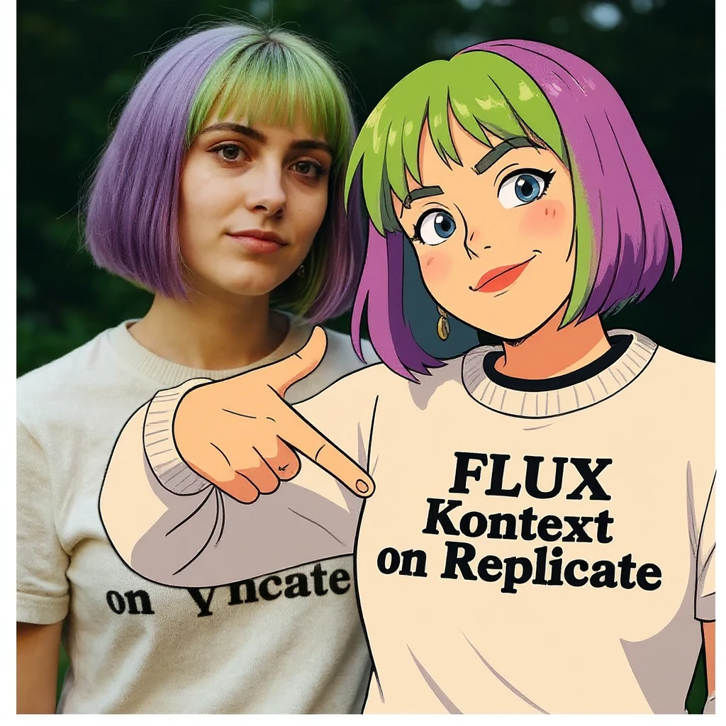 make a image of a girl with a anime version of that girl beside her wearing tshirt with text of FLUX Kontext emoji