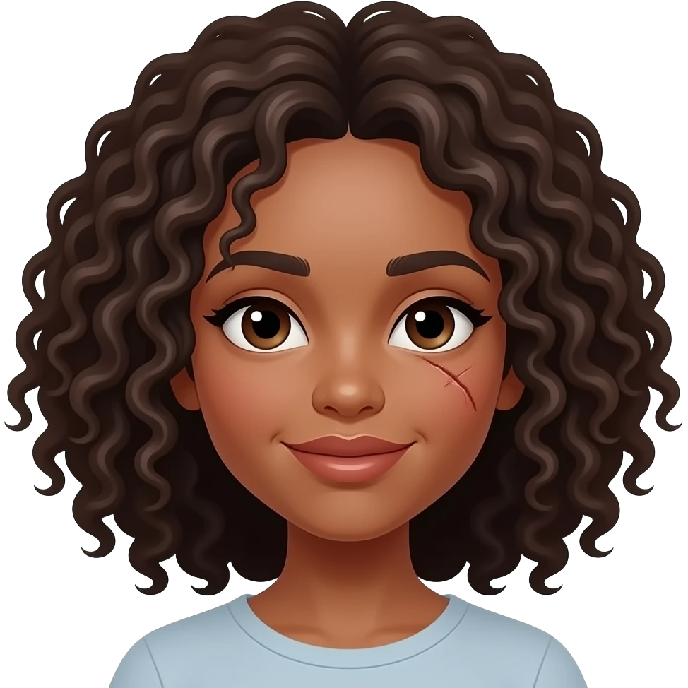 mulher morena, cacheada, rosto amendoado, com cicatriz na PÁLPEBRA direita emoji