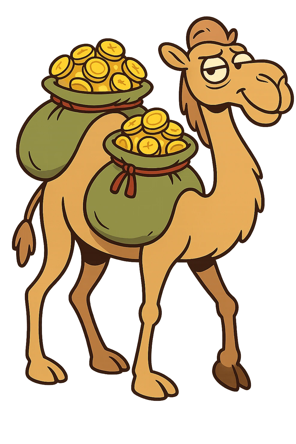 cartoon camel carrying bags of gold coins, flat modern style, bright saturated colors golds greens reds, minimal but expressive, universal look emoji